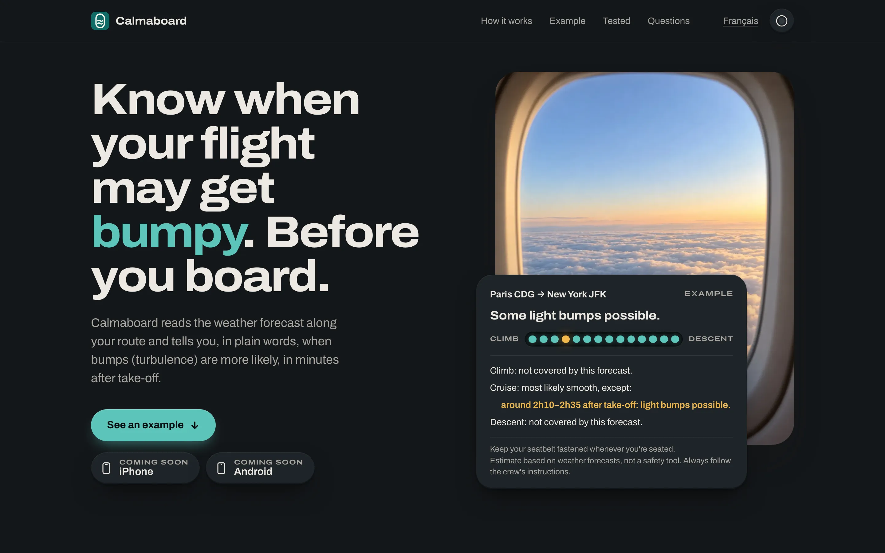 Calmaboard home page: “Know when your flight may get bumpy. Before you board.” beside a plane window and an example forecast.