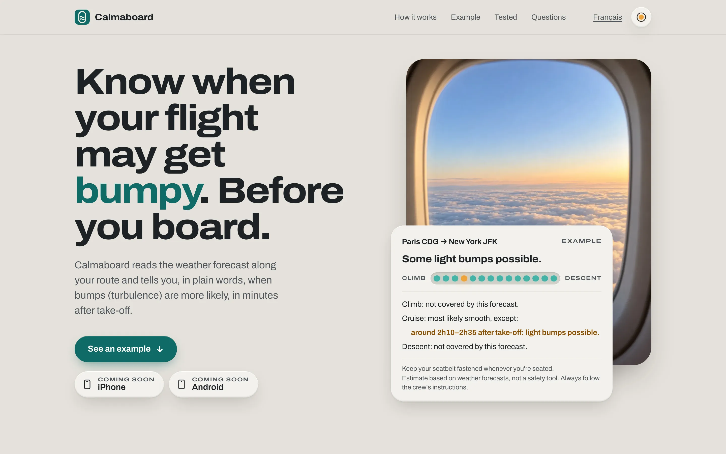 Calmaboard home page: “Know when your flight may get bumpy. Before you board.” beside a plane window and an example forecast.