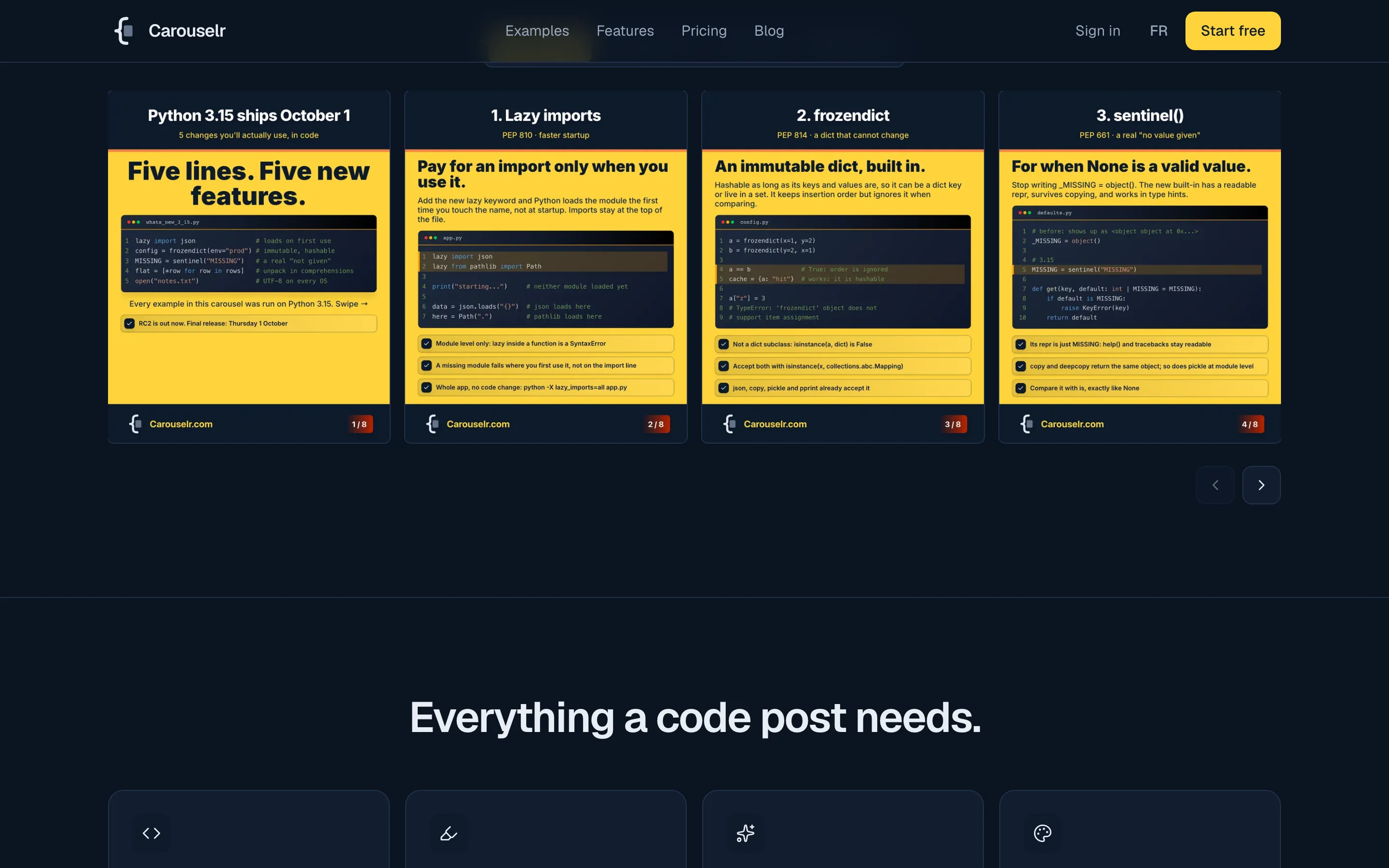 Four slides of a Python 3.15 carousel made in Carouselr, each with a code block.