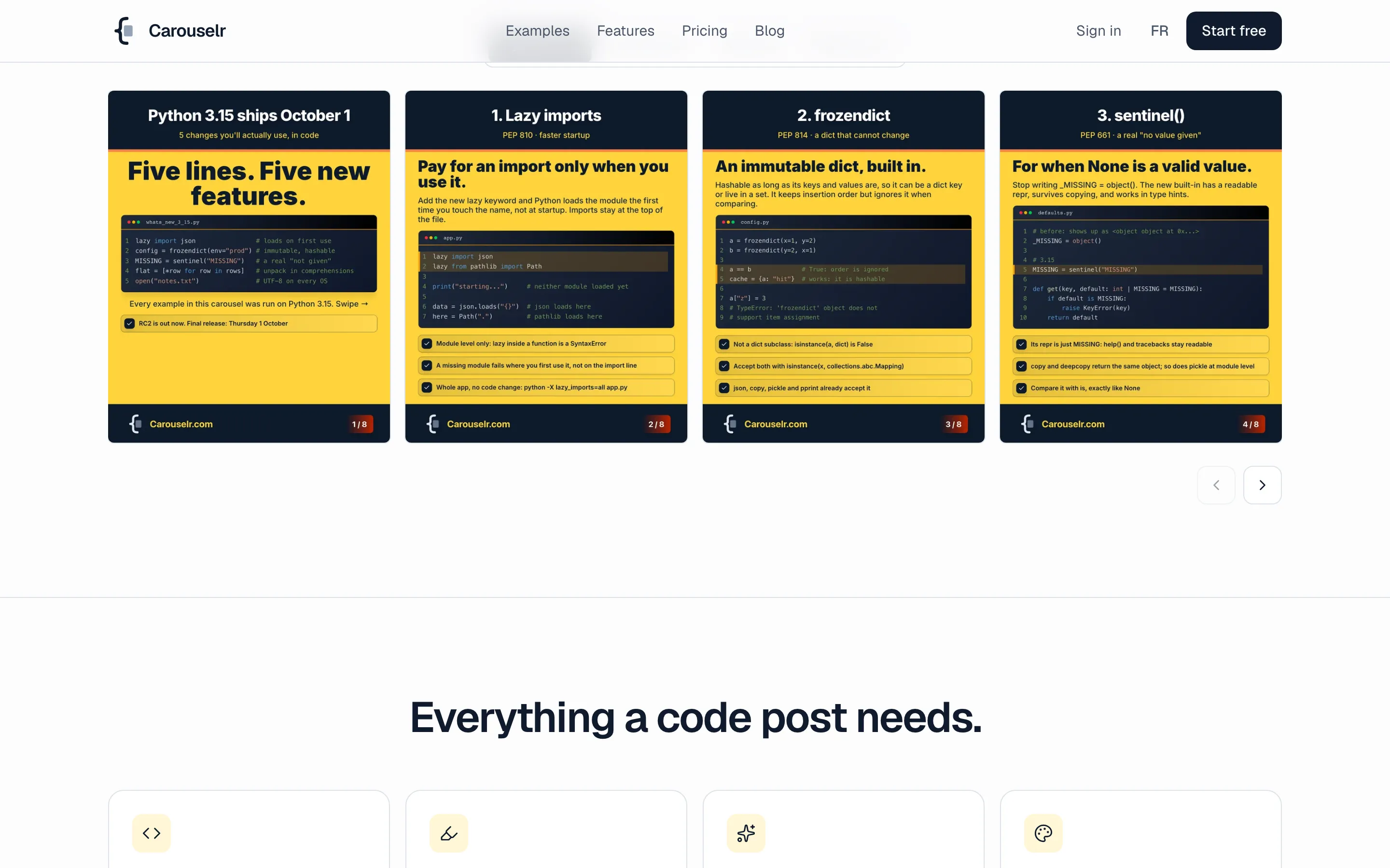 Four slides of a Python 3.15 carousel made in Carouselr, each with a code block.
