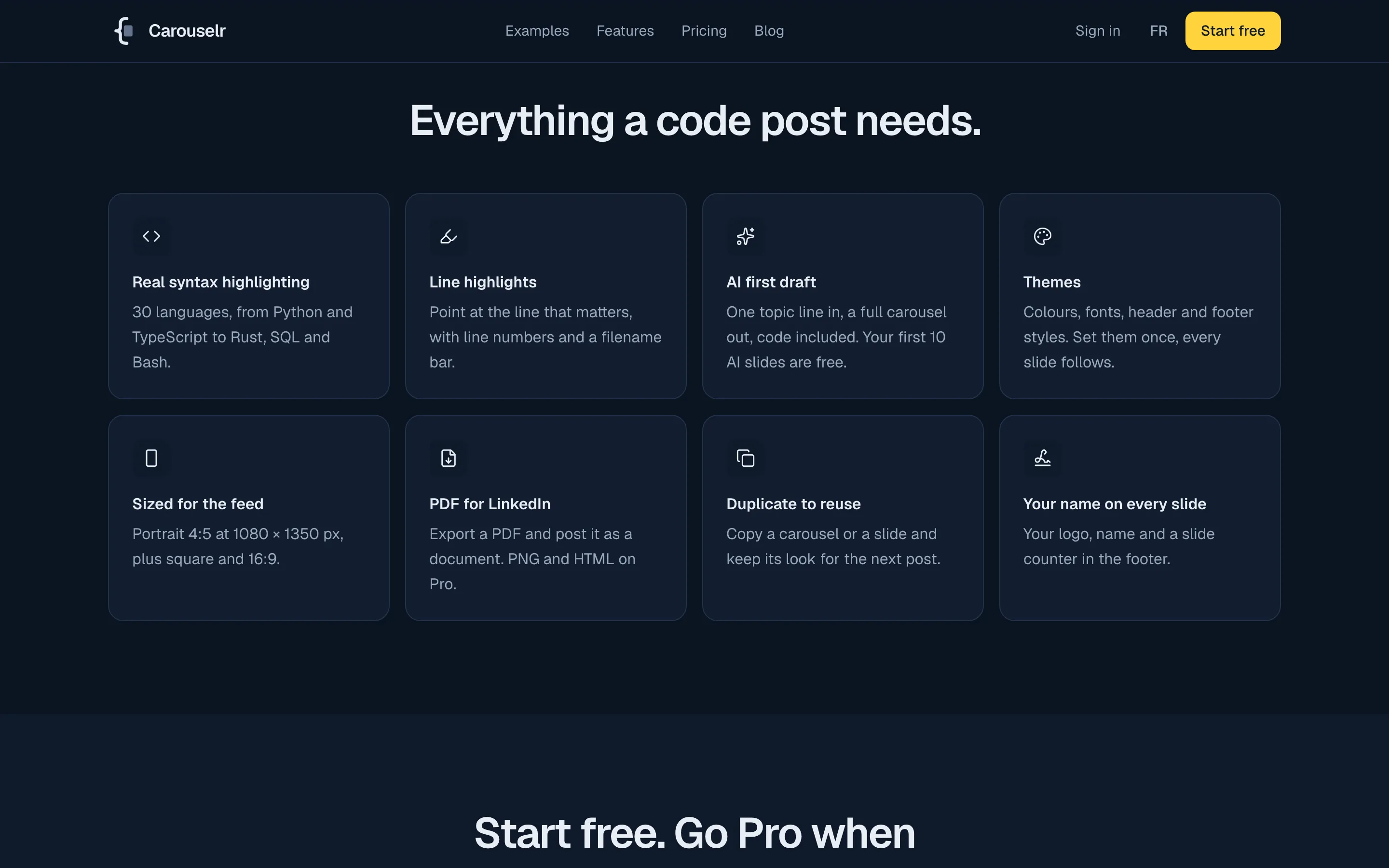 Carouselr feature overview: “Everything a code post needs.”