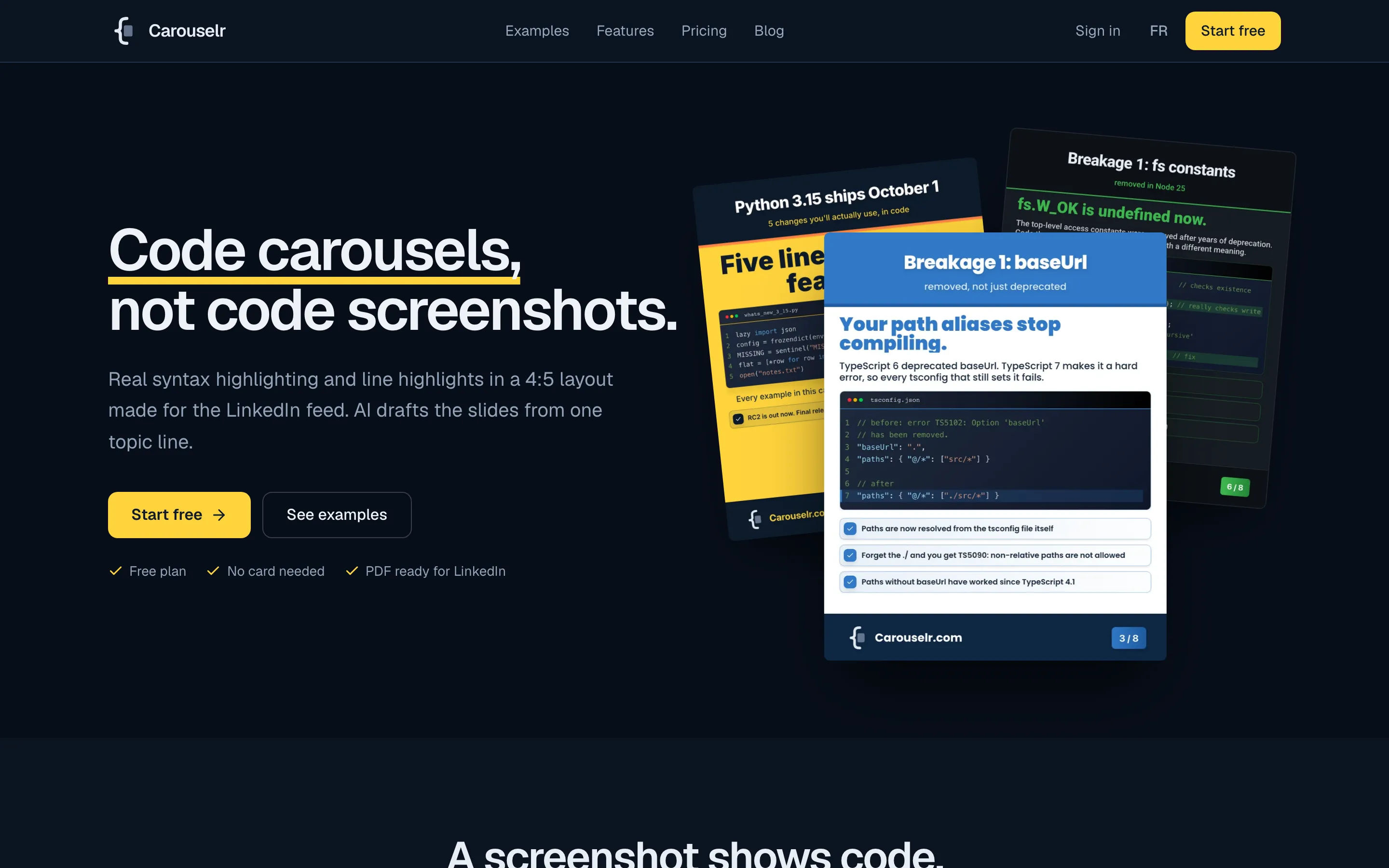 Carouselr home page: “Code carousels, not code screenshots.” with three example slides.