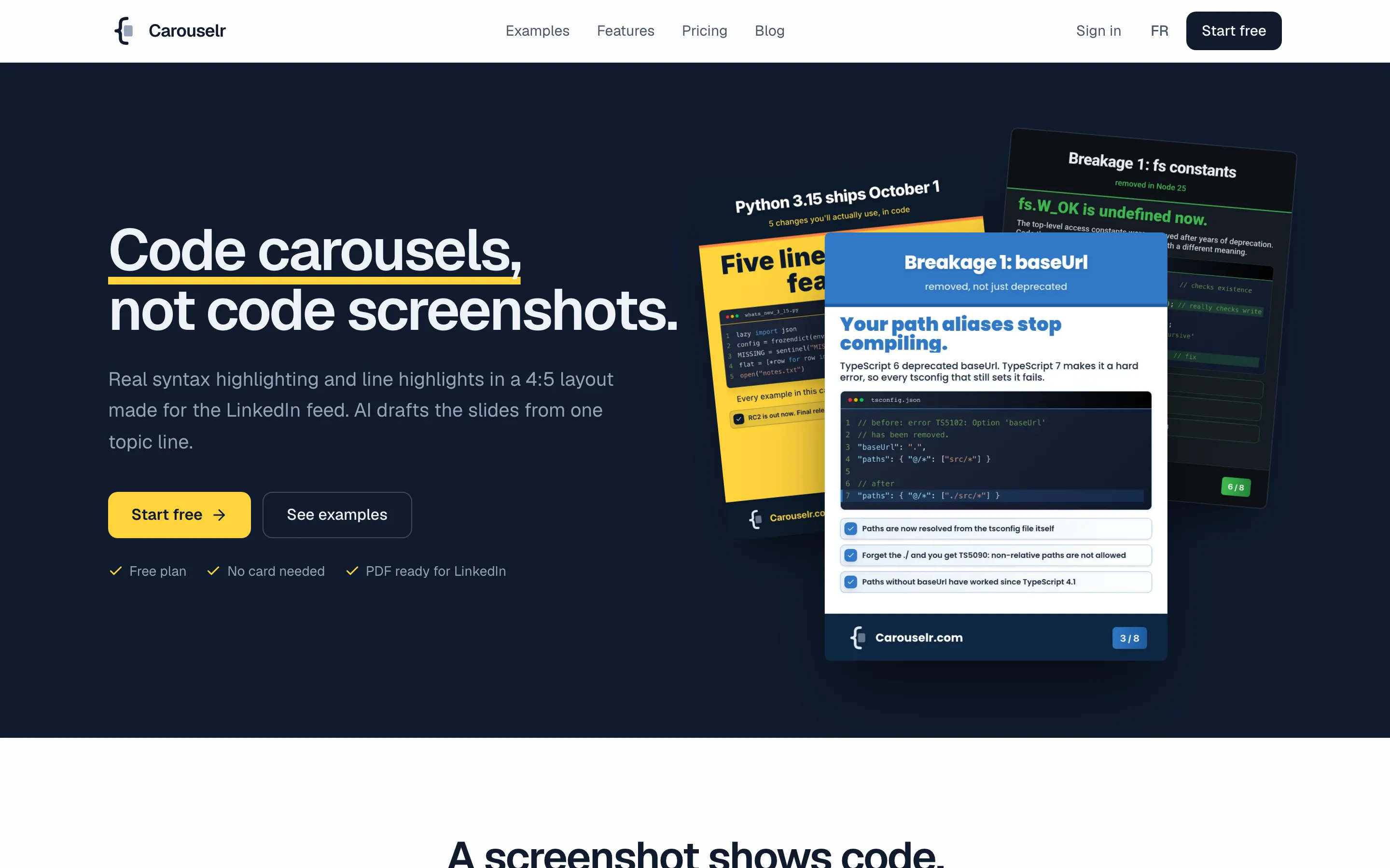Carouselr home page: “Code carousels, not code screenshots.” with three example slides.