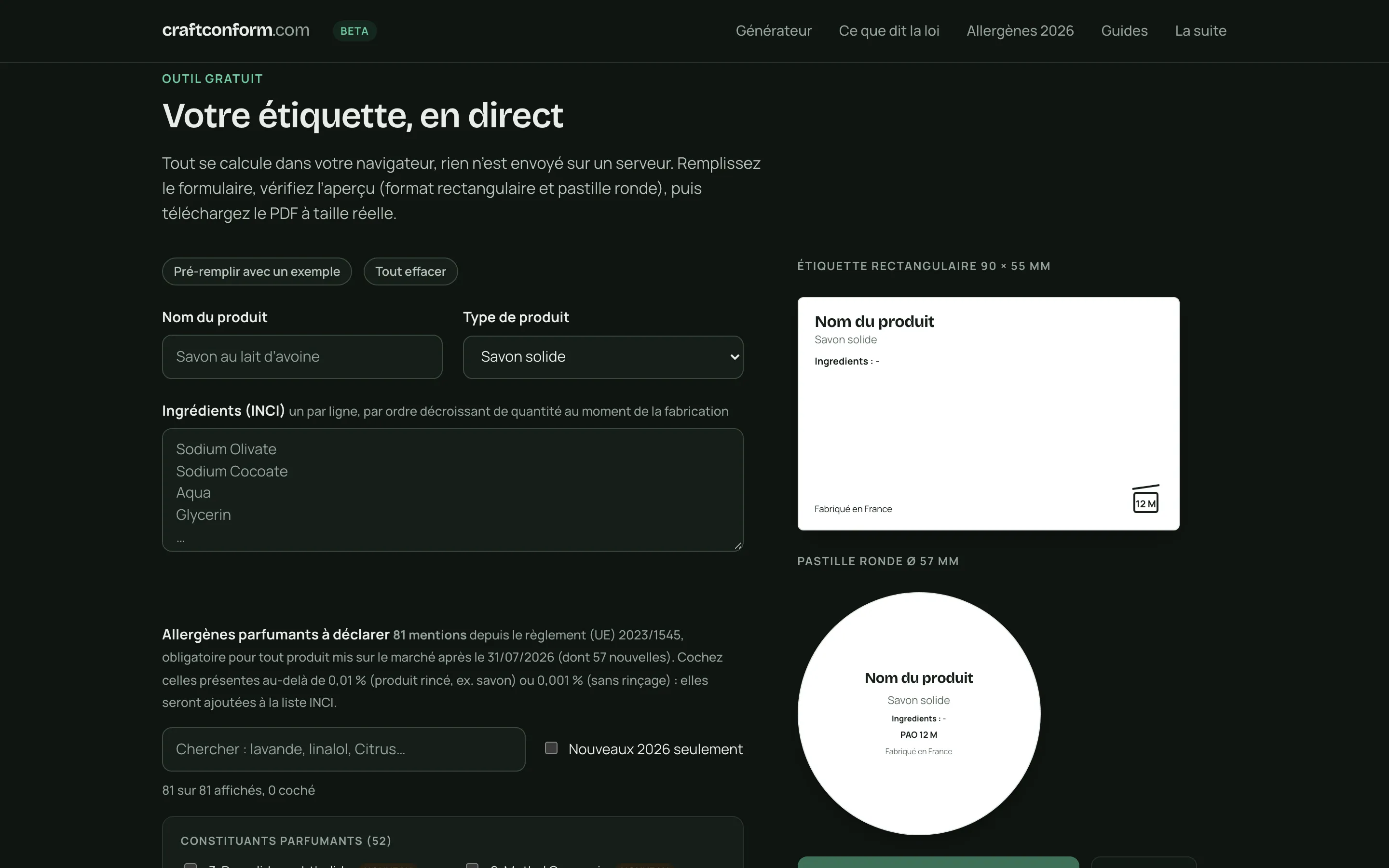 craftconform’s label generator, in French: the form, the allergen search and the live label preview.
