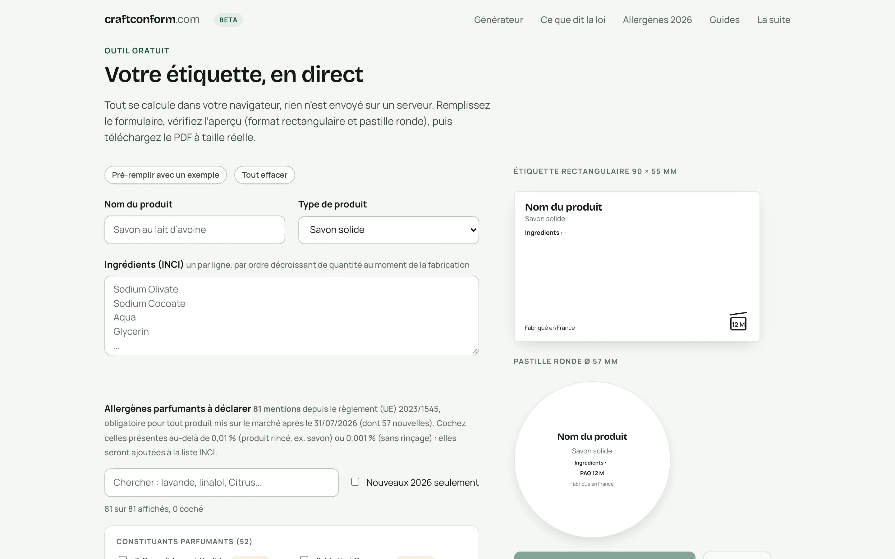 craftconform’s label generator, in French: the form, the allergen search and the live label preview.