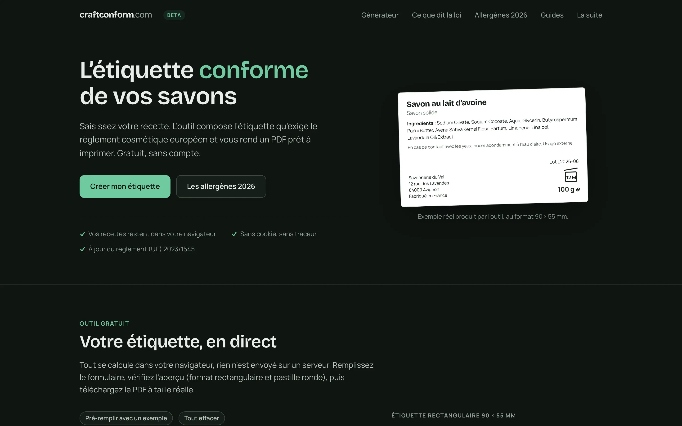 craftconform home page, in French: “L’étiquette conforme de vos savons” with a sample label.