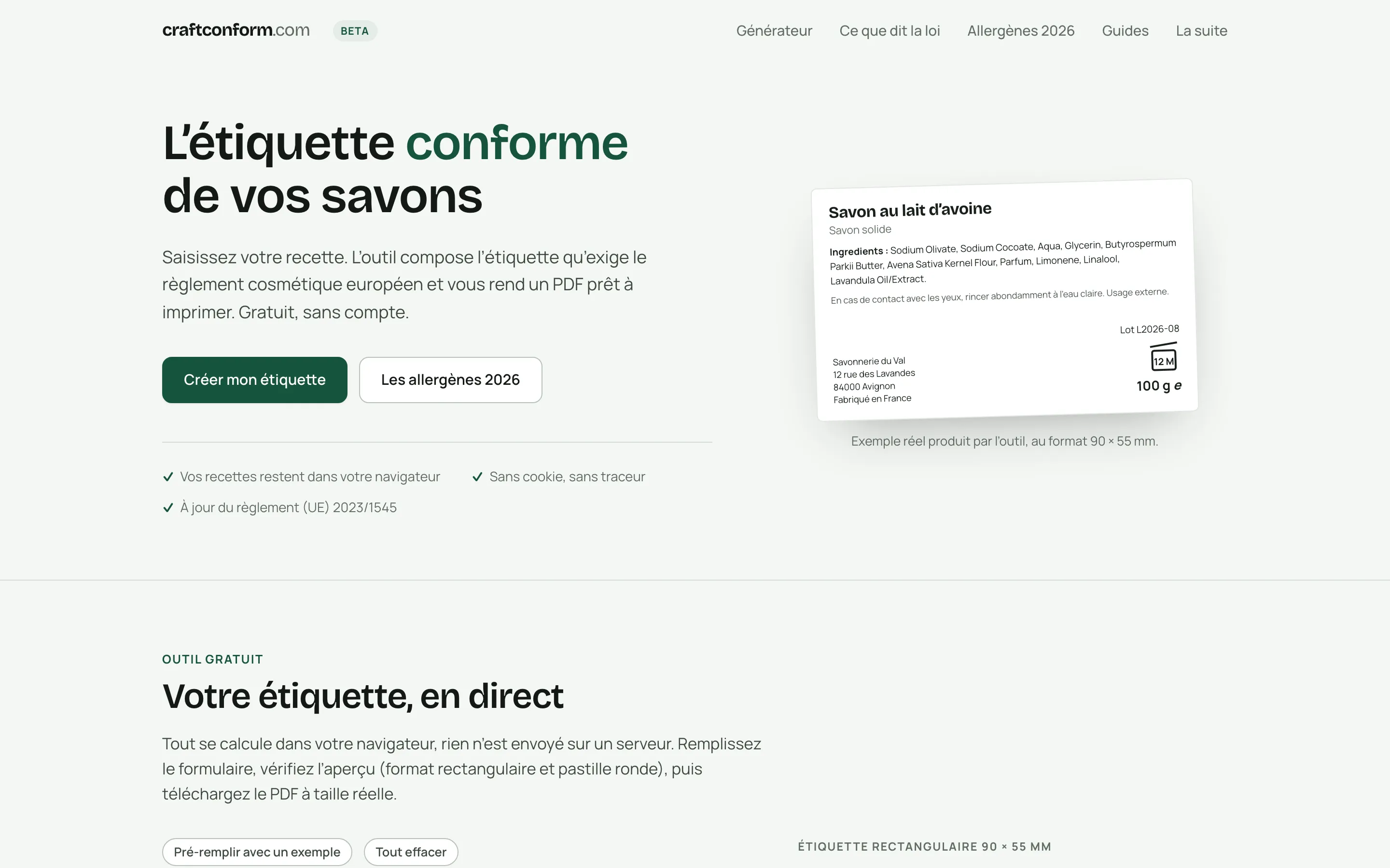 craftconform home page, in French: “L’étiquette conforme de vos savons” with a sample label.