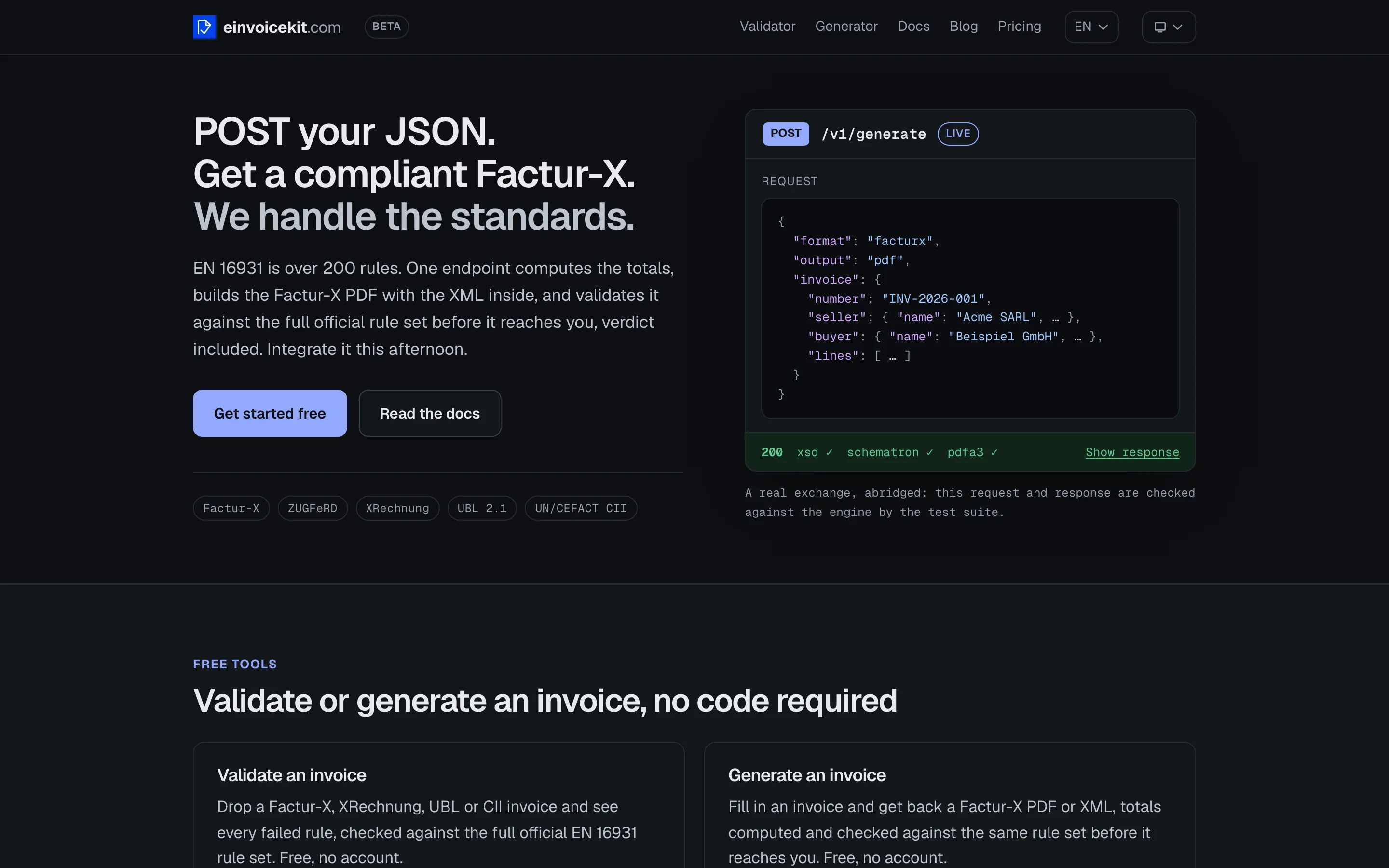 einvoicekit home page: “POST your JSON. Get a compliant Factur-X.” with a sample API request.