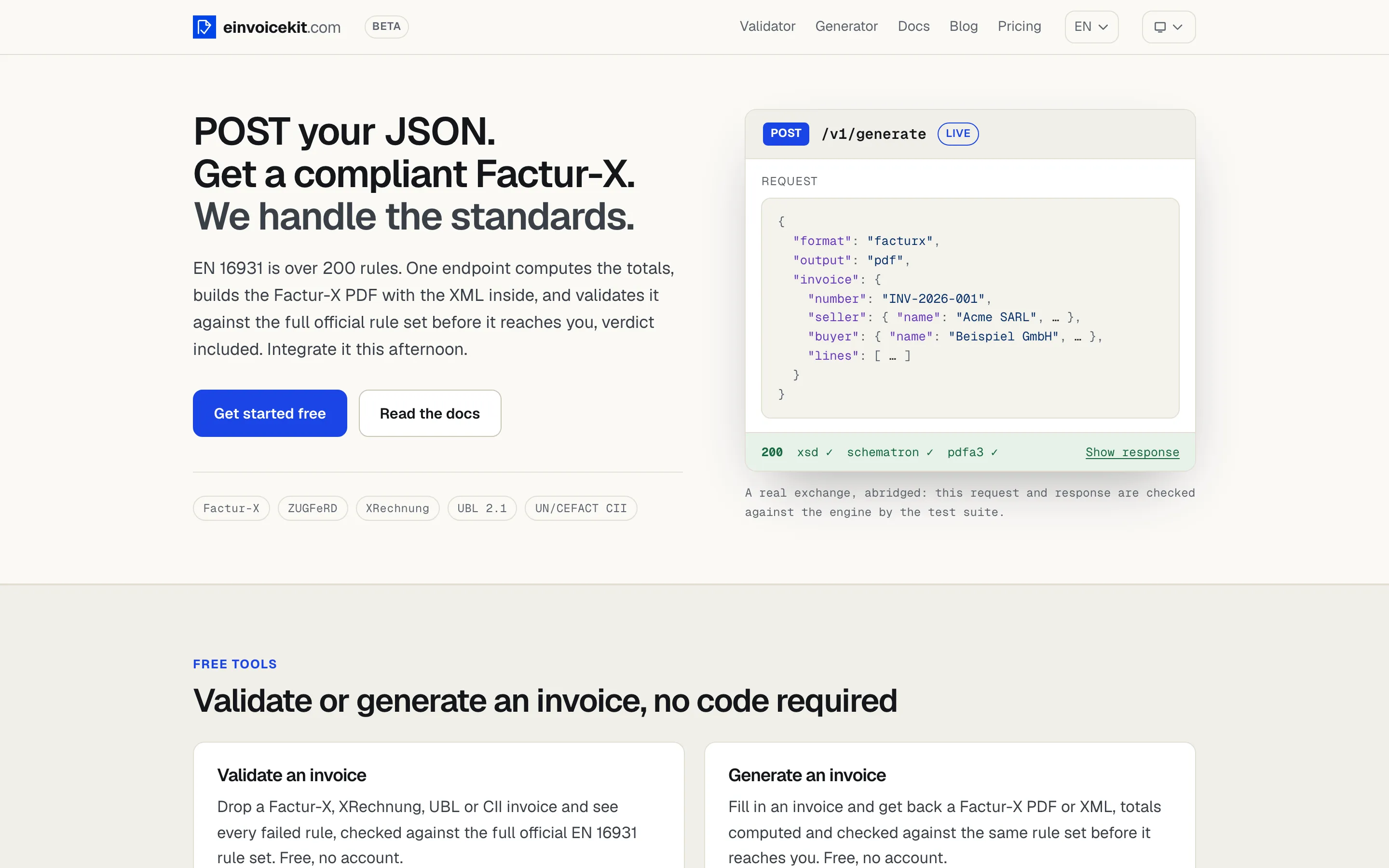 einvoicekit home page: “POST your JSON. Get a compliant Factur-X.” with a sample API request.