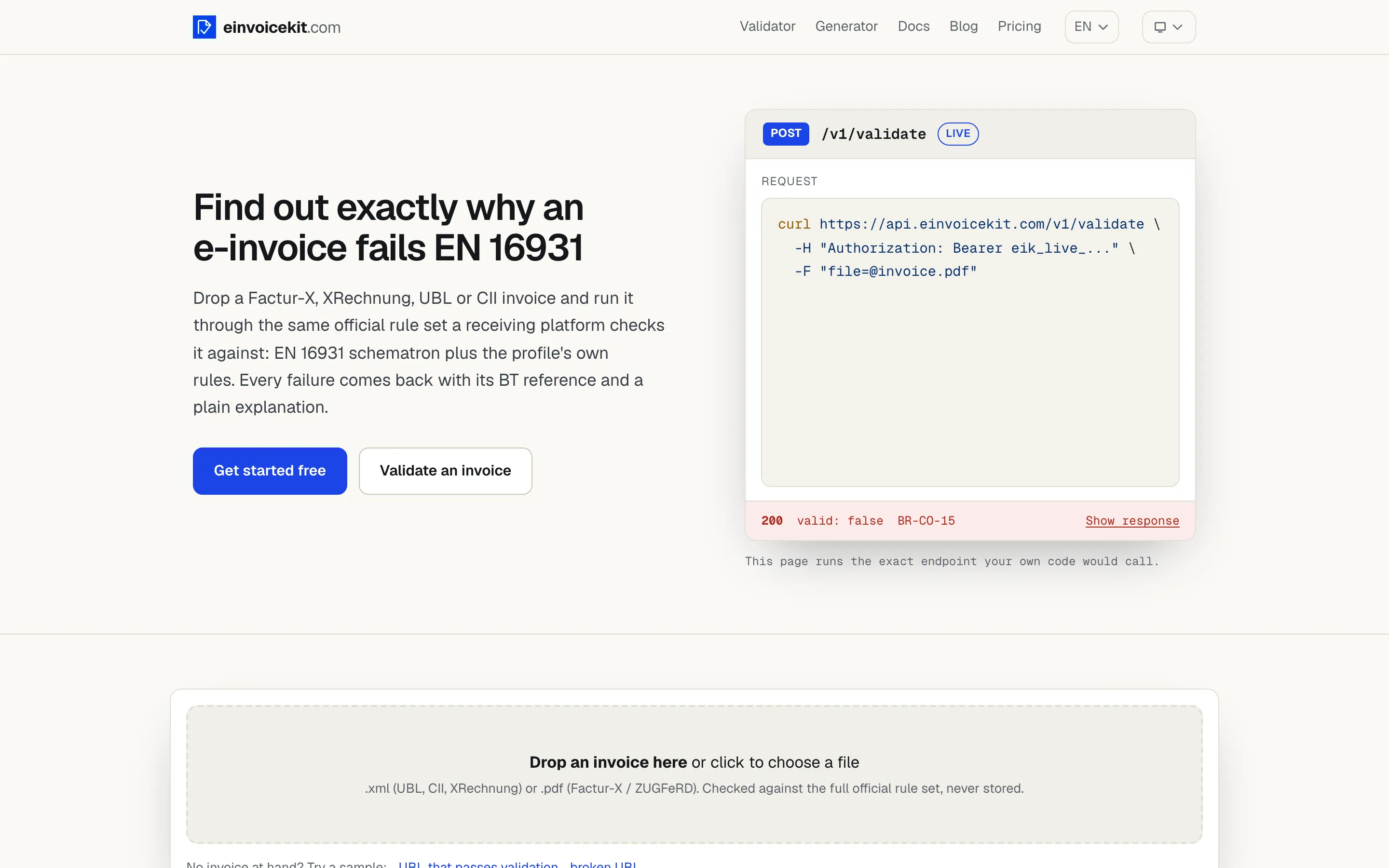 einvoicekit’s free validator: “Find out exactly why an e-invoice fails EN 16931”.